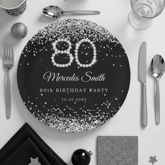 Bling Diamonds 80th Birthday Party Paper Plate (Diamonds and glitter 80th Birthday Party Paper plate)