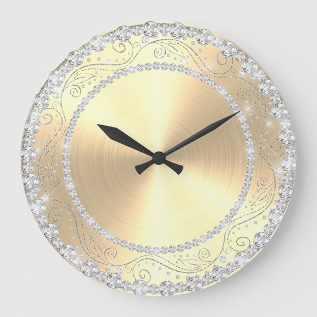Bling Diamonds Elegant Golden Wedding Gift Large Clock (Front)