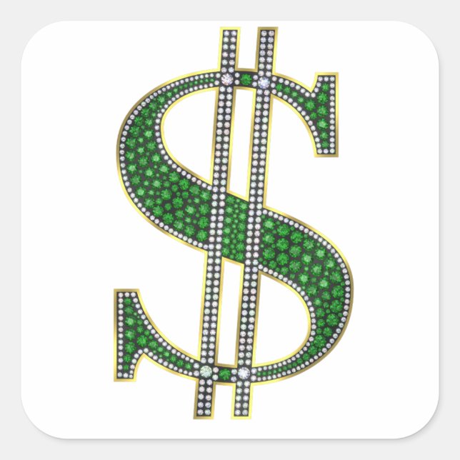 Bling Dollar Sign Diamond Emerald Gem Square Sticker (Front)