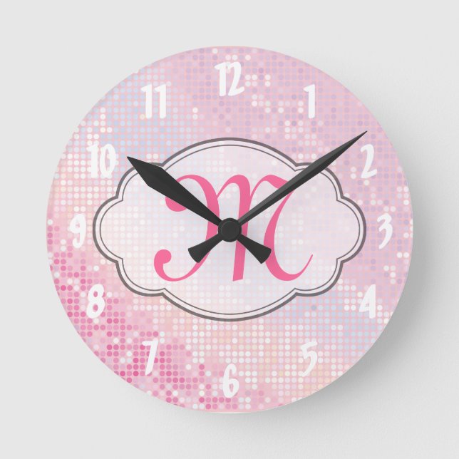 Bling Glitter Girly Monogram Initial Wall Clock (Front)