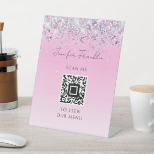 Bling Holographic Glitter Beauty Script Pink Pedestal Sign