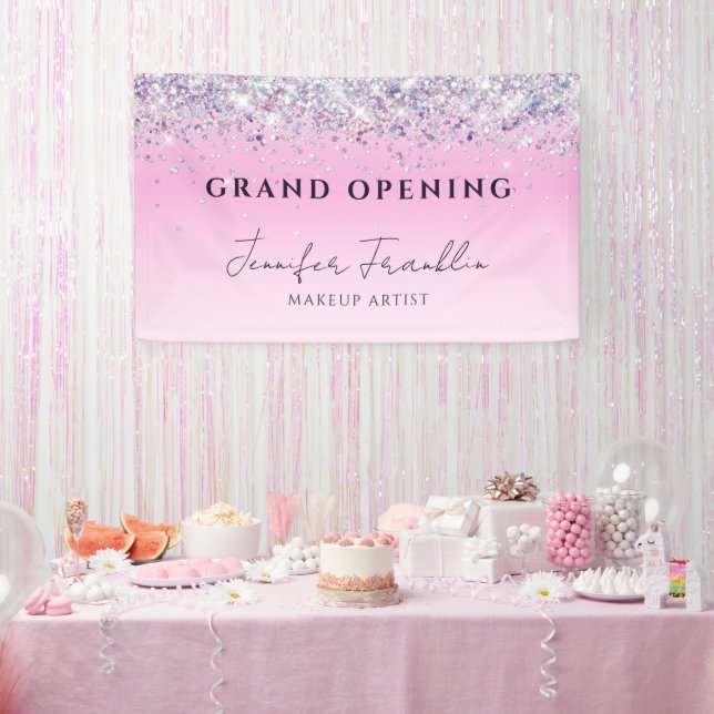 Bling Holographic Glitter Grand Opening Pink Banner (Party)
