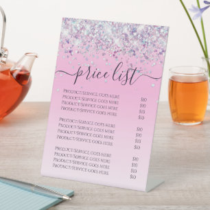 Bling Holographic Glitter Price List Script Pink Pedestal Sign