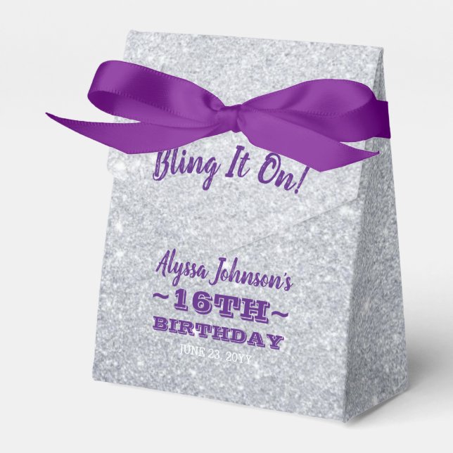Bling it On Silver Sparkles Purple Sweet 16 Favour Box (Front Side)