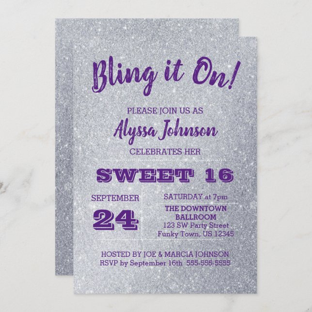 Bling it On Silver Sparkles Purple Sweet 16 Invitation (Front/Back)