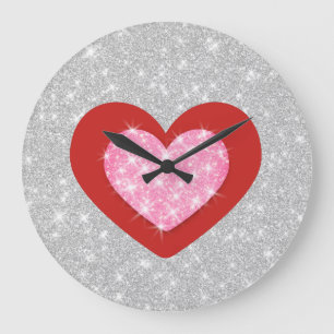 Bling Pink Love Heart Large Clock
