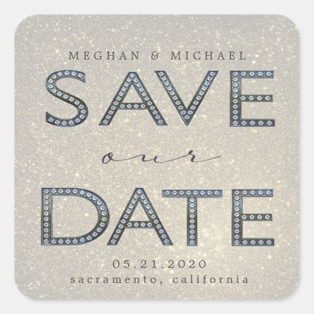 bling silver letters save our date monogram square sticker (Front)