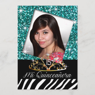Bling Tiara Zebra Quinceañera 15th Birthday | teal Invitation