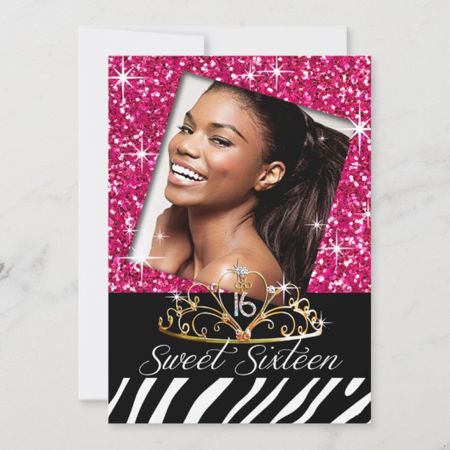 Bling Tiara Zebra Sweet 16 Birthday Celebration Invitation (Front)