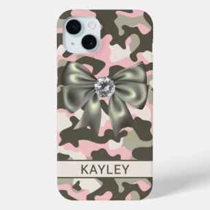 Blingy Pink Green Camouflage Personalised iPhone 15 Mini Case