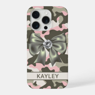 Blingy Pink Green Camouflage Personalised iPhone 15 Pro Case