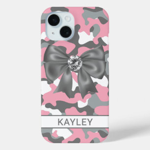 Blingy Pink Grey Camouflage Personalised iPhone 15 Case