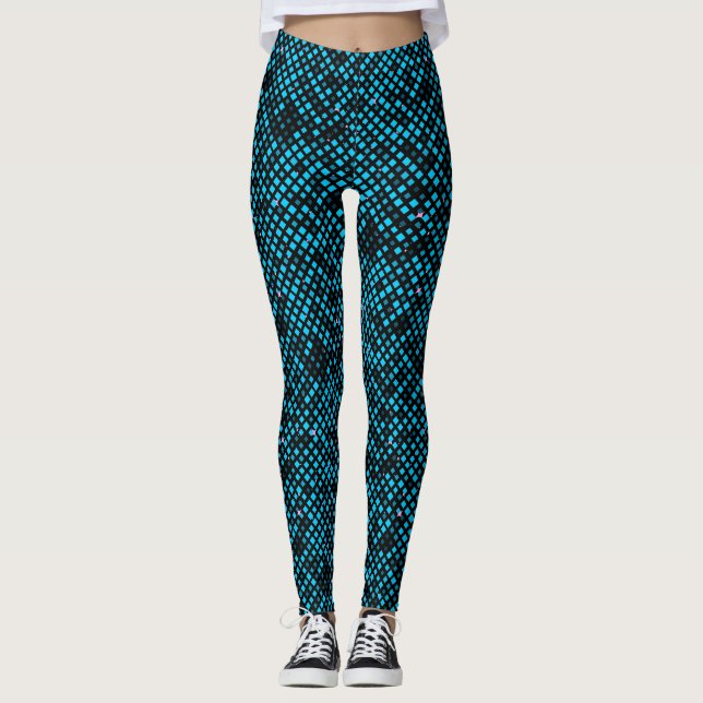 Blinking Pixels Pattern 01.LBlue. Black BG Leggings (Front)