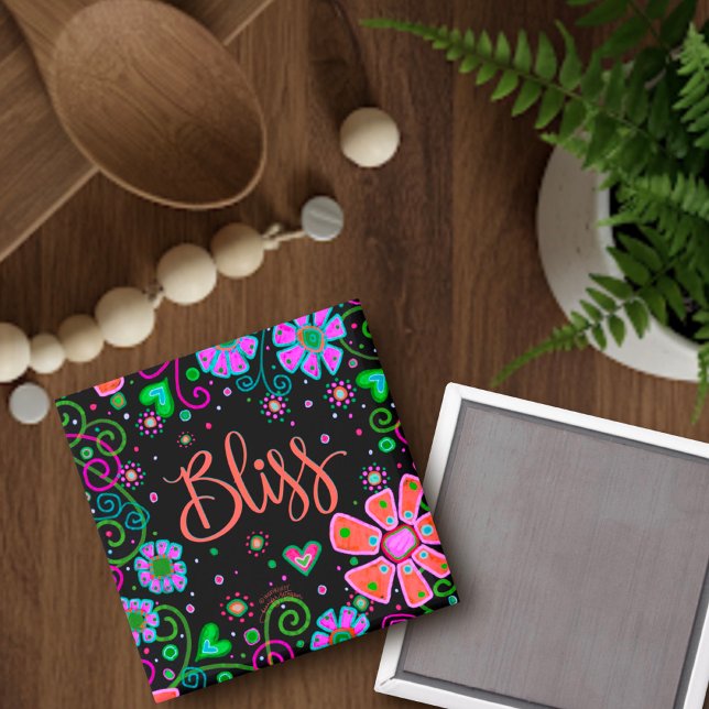 Bliss Pretty Whimsical Inspirational Floral Black Magnet (Creator Uploaded)