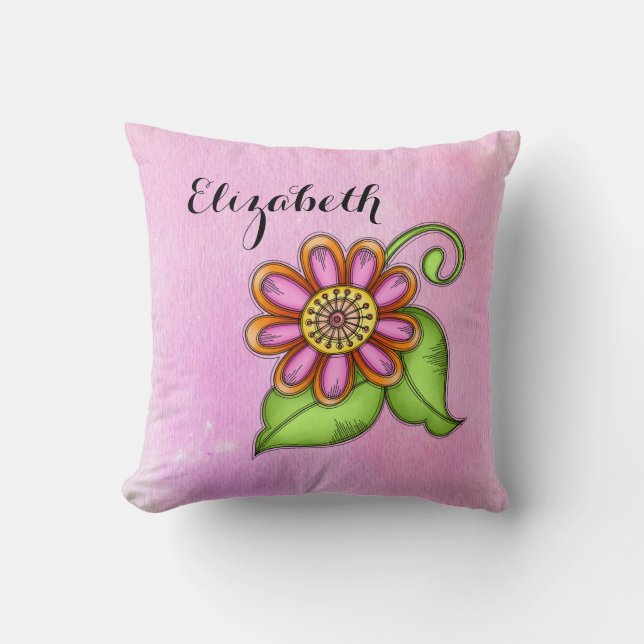 Bliss Watercolor Doodle Flower Pillow (Front)