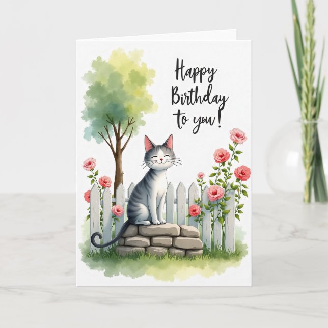 Blissful Birthday Cat Garden Card (Front)