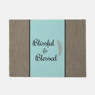 Blissful & blessed burlap feather blue doormat