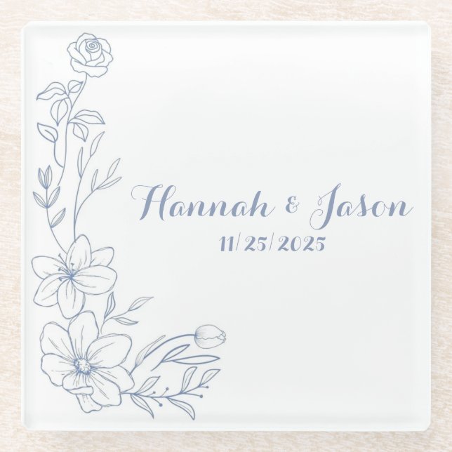 Blissful Blue Blooms Wedding Glass Coasters (Front)