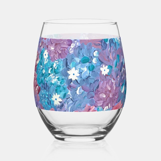 Blissful Blue Floral  Stemless Wine Glass (Front)