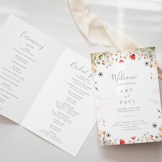 Blissful Colourful Boho Wildflower Folded Wedding Programme (Creator Uploaded)