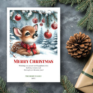 Blissful Fawn Watercolor Snowy Christmas Greeting Holiday Card