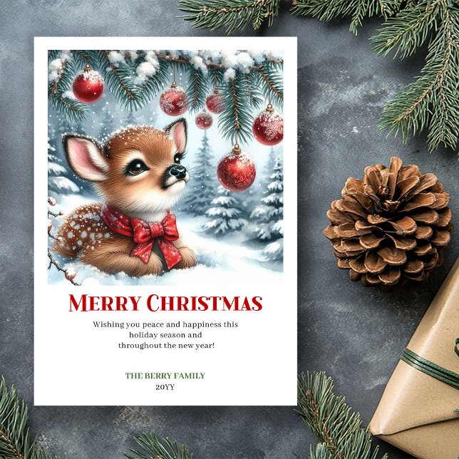 Blissful Fawn Watercolor Snowy Christmas Greeting  Holiday Card (Blissful Fawn Watercolor Snowy Christmas Greeting Chris)