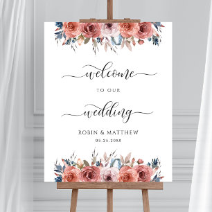Blissful Floral Blush Blue Wedding Welcome Sign
