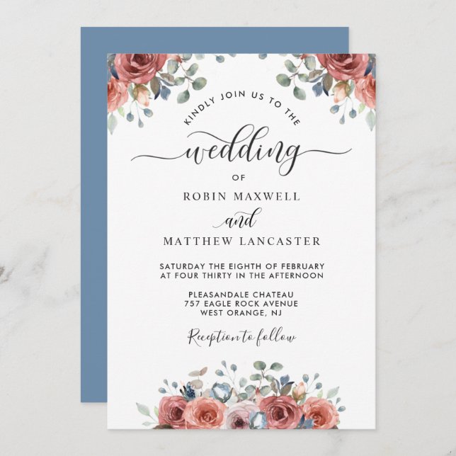 Blissful Floral Dusty Blue and Blush Wedding Invitation (Front/Back)