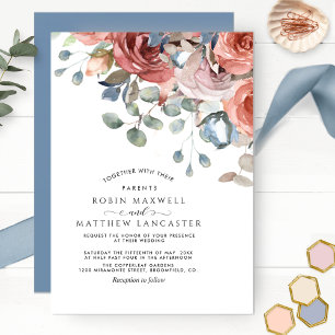 Blissful Floral Dusty Blue and Blush Wedding Invitation