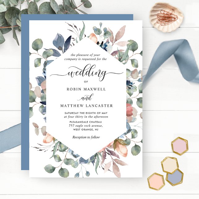 Blissful Floral Dusty Blue and Greenery Wedding Invitation (Creator Uploaded)