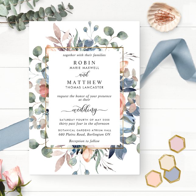 Blissful Floral Dusty Blue and Greenery Wedding Invitation (Creator Uploaded)