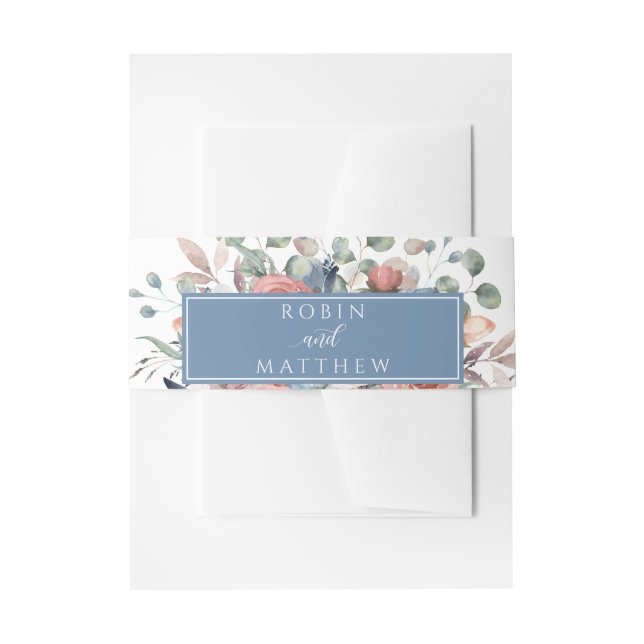 Blissful Floral, Dusty Blue and Greenery Wedding Invitation Belly Band (Front Example)