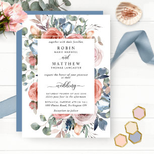 Blissful Floral, Dusty Blue Elegant Garden Wedding Invitation