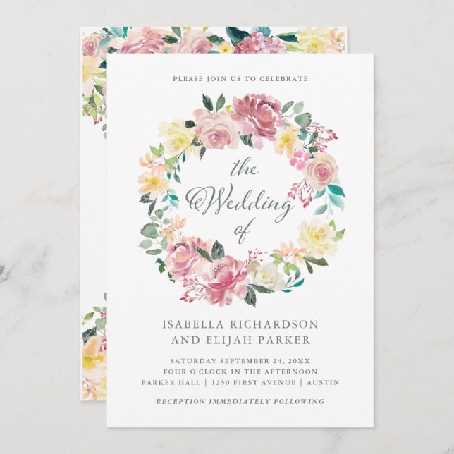 Blissful Love | Watercolor Pink Floral Wedding Invitation (Front/Back)