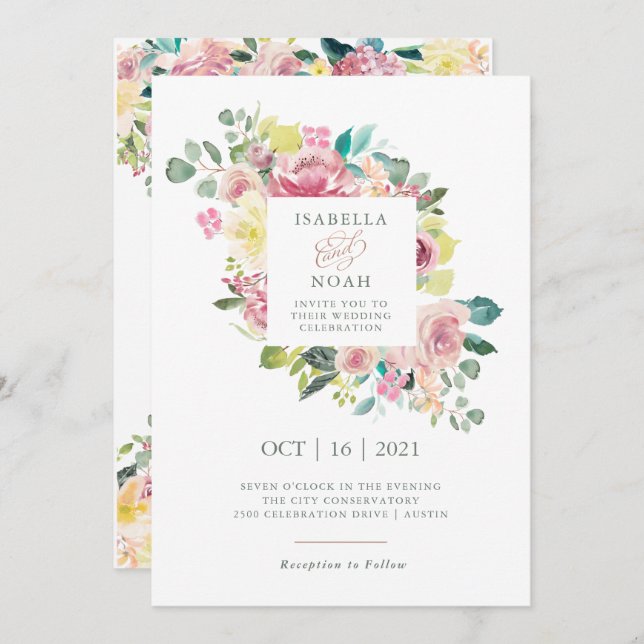 Blissful Love | Watercolor Pink Floral Wedding Invitation (Front/Back)