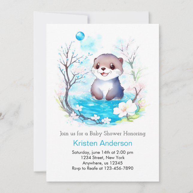 Blissful Otter's Watercolor Dreams Boy Baby Shower Invitation (Front)