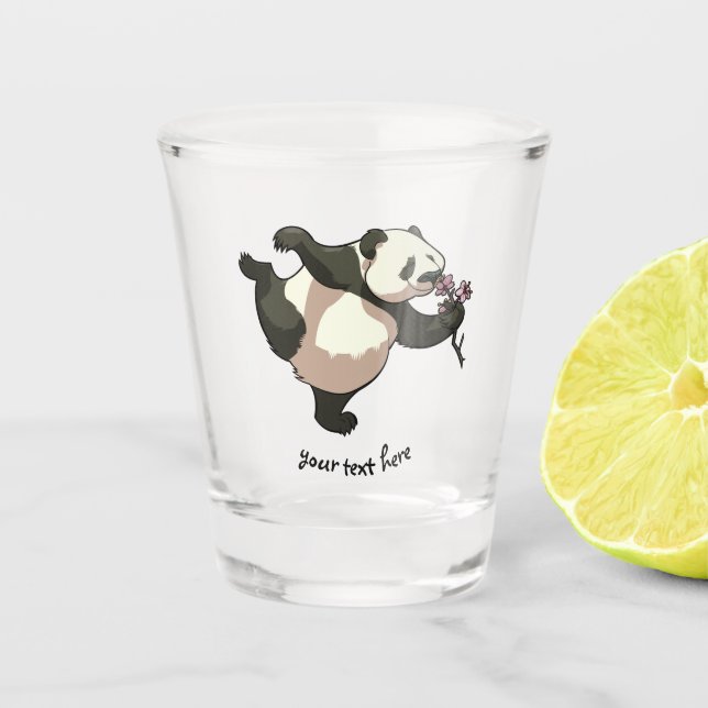Blissful Panda Smelling Blossom Flowers Cartoon Shot Glass (Front)