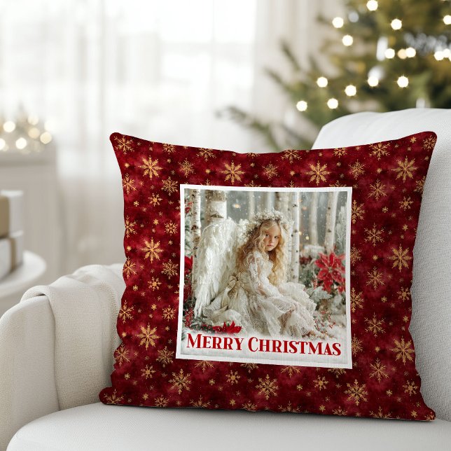 Blissful Red and Gold Vintage Angel Christmas  Cushion (Blissful Red and Gold Vintage Angel Christmas Pillow)