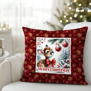 Blissful snowy forest Christmas scene baby deer Cushion