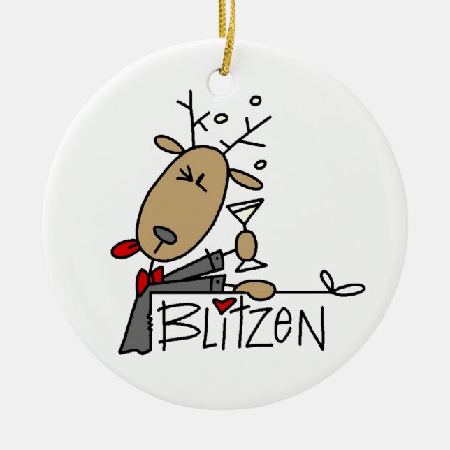Blitzen Reindeer Christmas Tshirts and Gifts Ceramic Tree Decoration (Front)