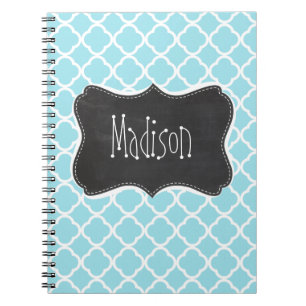Blizzard Blue Quatrefoil; Vintage Chalkboard look Spiral Notebook