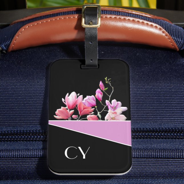 Blk Classy Monogrammed Pinks Botanical Luggage Tag (Front Insitu 2)