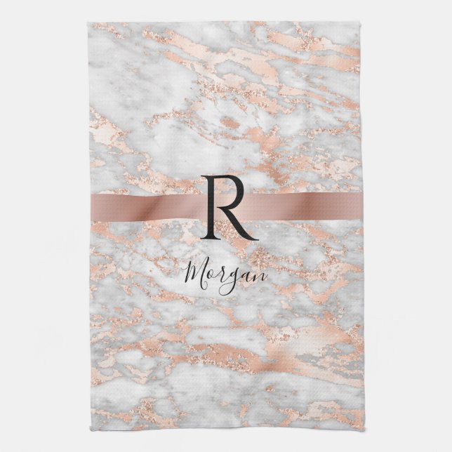 Blk Name/Monogram White/Rose Gold Marble Glitter 2 Tea Towel (Vertical)