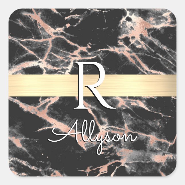 Blk & Rose Gold Marble Gold Bar, Wht Name Monogram Square Sticker (Front)