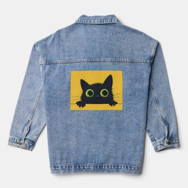Bllack cat kitten big eyes art Denim Jean Jacket (Back)