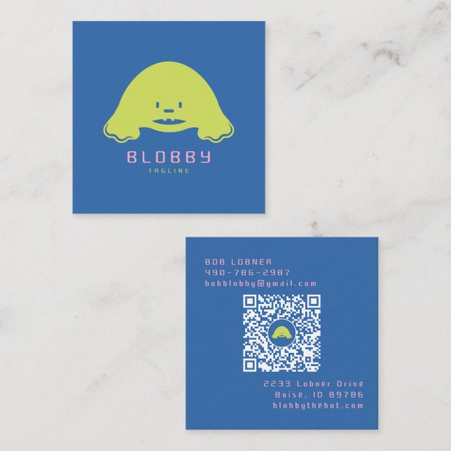 Blobby Character Logo | Fun Mascot with QR code Square Business Card (Front/Back)