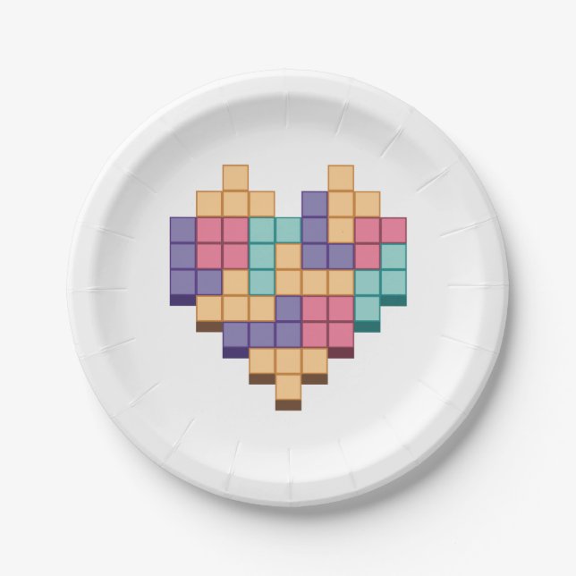 Block Game Heart Retro Style Paper Plate (Front)