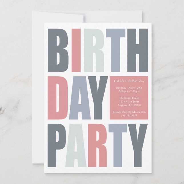 Block Letter Birthday Party Invitations (Front)