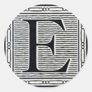 Block Letter "E" Woodcut Woodblock Inital Classic Round Sticker