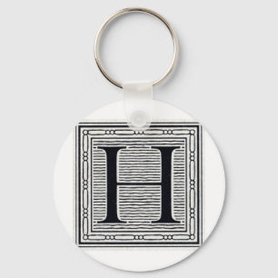 Block Letter "H" Woodcut Woodblock Inital Key Ring